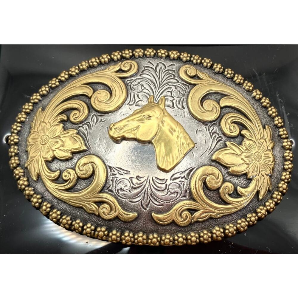 NIB Nocona Belt Co Western Horse Head Belt Buckle Gold‎ Silver Tone